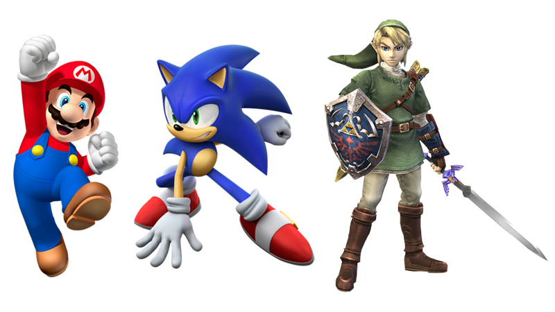 Mario (Super Mario Bros.), Sonic (Sonic the Hedgehog) and Link (The Legend of Zelda)