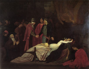 "The Reconciliation of the Montagues and Capulets over the Dead Bodies of Romeo and Juliet", 1855, oil on canvas painting by Frederic Leighton